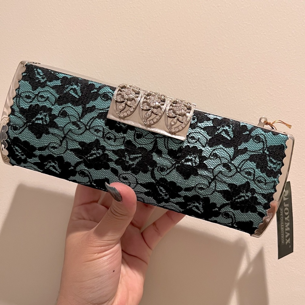 NWT Teal with black lace overlay clutch